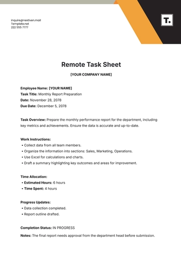 Free Remote Task Sheet Template to Edit Online