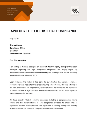 Free Apology Letter for Legal Compliance Template to Edit Online