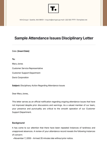 Free Sample Attendance Issues Disciplinary Letter Template to Edit Online