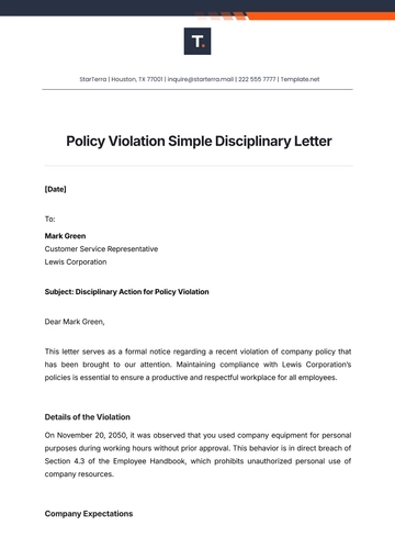 Free Policy Violation Simple Disciplinary Letter Template to Edit Online
