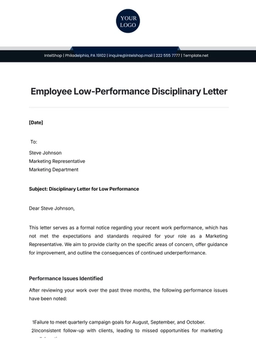 Free Employee Low-Performance Disciplinary Letter Template to Edit Online