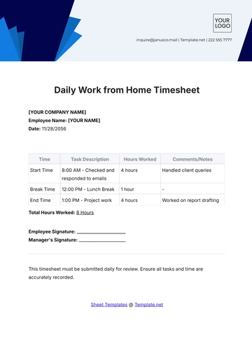 Free Daily Work from Home Timesheet Template to Edit Online