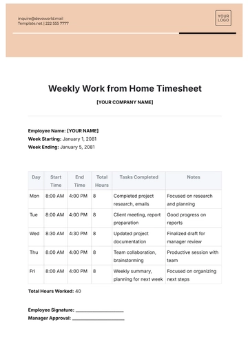 Free Weekly Work from Home Timesheet Template to Edit Online
