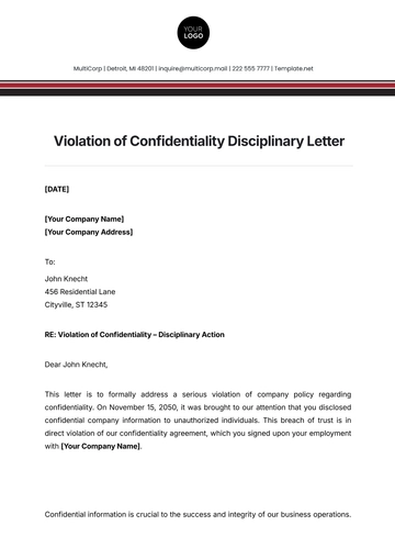 Free Violation of Confidentiality Disciplinary Letter Template to Edit Online