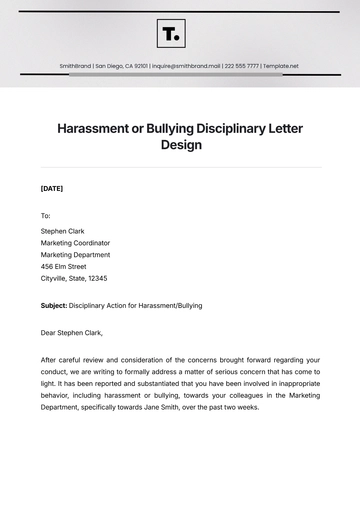Free Harassment or Bullying Disciplinary Letter Design Template to Edit Online