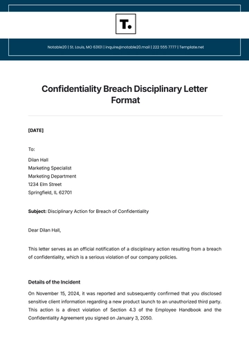 Free Confidentiality Breach Disciplinary Letter Format Template to Edit Online