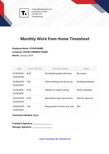 Free Monthly Work from Home Timesheet Template to Edit Online