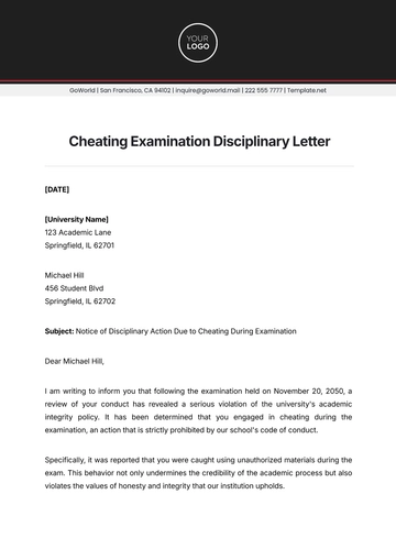 Free Cheating Examination Disciplinary Letter Template to Edit Online
