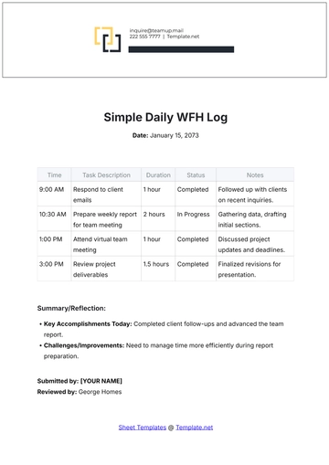 Free Simple Daily WFH Log Template to Edit Online