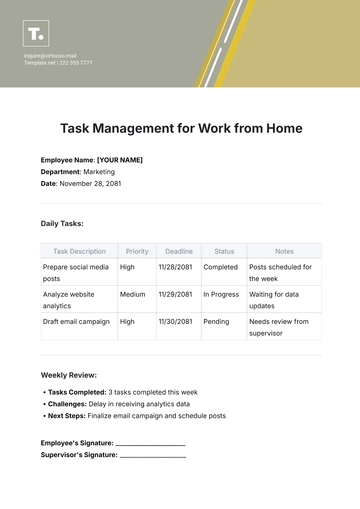 Free Task Management Template for Work from Home to Edit Online