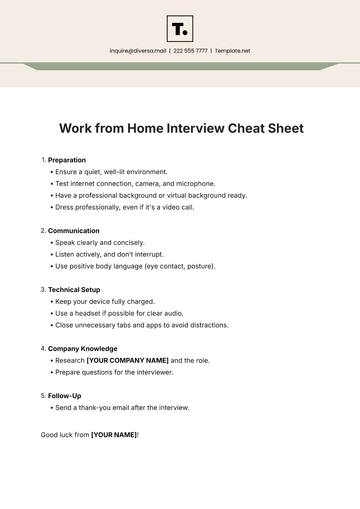 Free Work from Home Interview Cheat Sheet Template to Edit Online