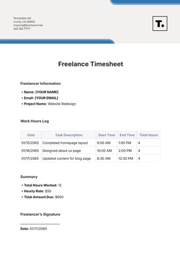 Free Freelance Timesheet Template to Edit Online