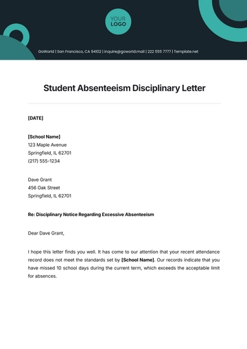 Free Student Absenteeism Disciplinary Letter Template to Edit Online