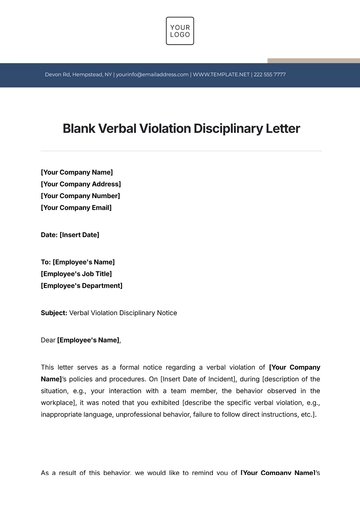 Free Blank Verbal Violation Disciplinary Letter Template to Edit Online