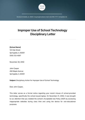 Free Improper Use of School Technology Disciplinary Letter Template to Edit Online