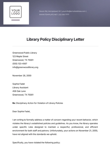Free Library Policy Disciplinary Letter Template to Edit Online