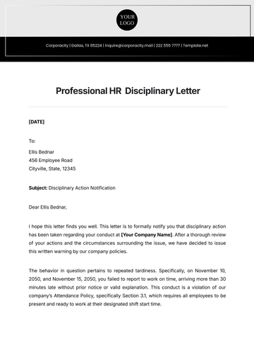 Free Professional HR  Disciplinary Letter Template to Edit Online