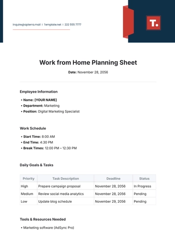 Free Work from Home Planning Sheet Template to Edit Online