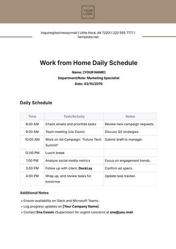 Free Work from Home Daily Schedule Template to Edit Online