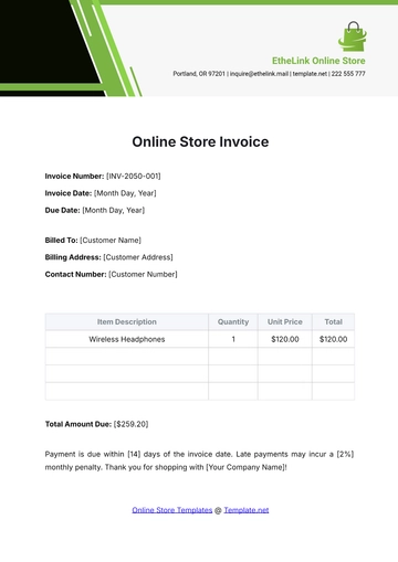 Free Online Store Invoice Template to Edit Online