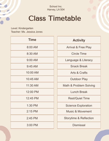 Free Visual Class Timetable Template to Edit Online
