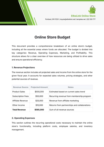 Free Online Store Budget Template to Edit Online