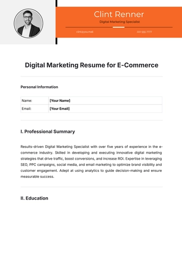 Free Digital Marketing Resume for E-Commerce Template to Edit Online
