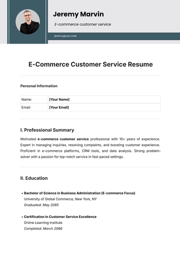 Free E-Commerce Customer Service Resume Template to Edit Online