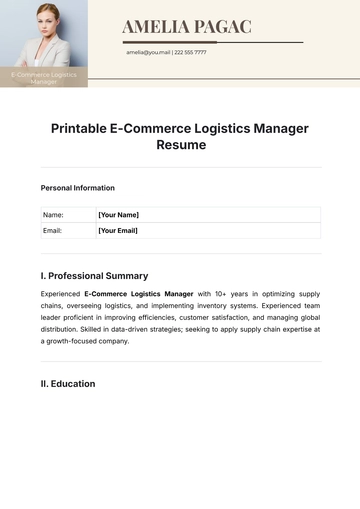 Free Printable E-Commerce Logistics Manager Resume Template to Edit Online
