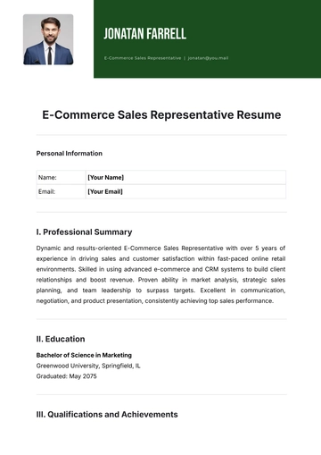 Free E-Commerce Sales Representative Resume Template to Edit Online