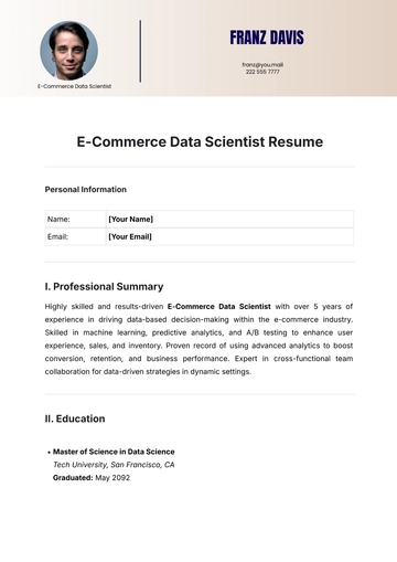 Free E-Commerce Data Scientist Resume Template to Edit Online