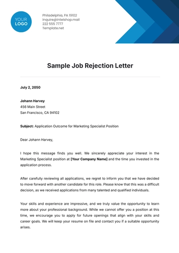 Free Sample Job Rejection Letter Template to Edit Online