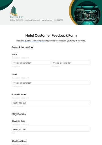Free Hotel Customer Feedback Form Template to Edit Online