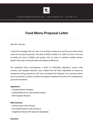 Free Food Menu Proposal Letter Template to Edit Online