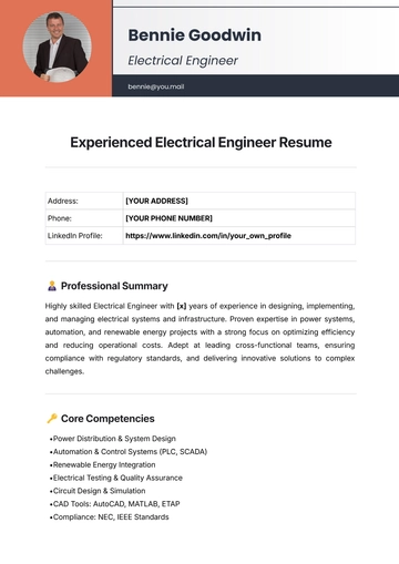 Free Experienced Electrical Engineer Resume Template to Edit Online