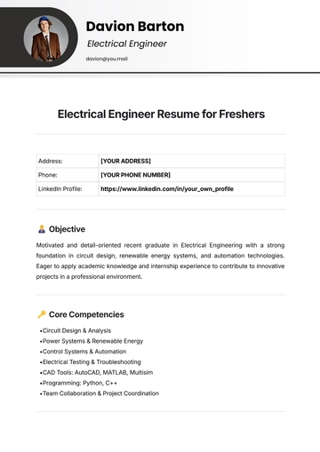 Free Electrical Engineer Resume for Freshers Template to Edit Online