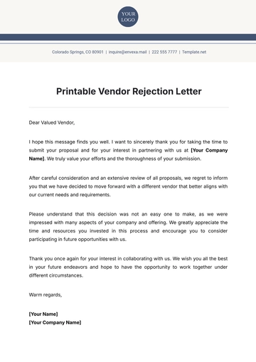 Free Printable Vendor Rejection Letter Template to Edit Online