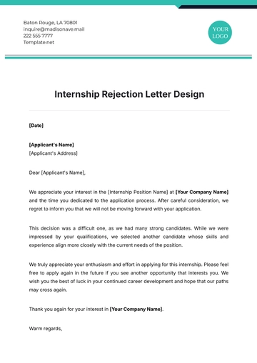 Free Internship Rejection Letter Design Template to Edit Online