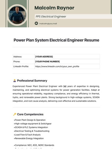 Free Power Plan System Electrical Engineer Resume Template to Edit Online