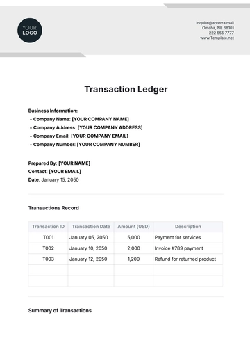 Free Transaction Ledger Template to Edit Online
