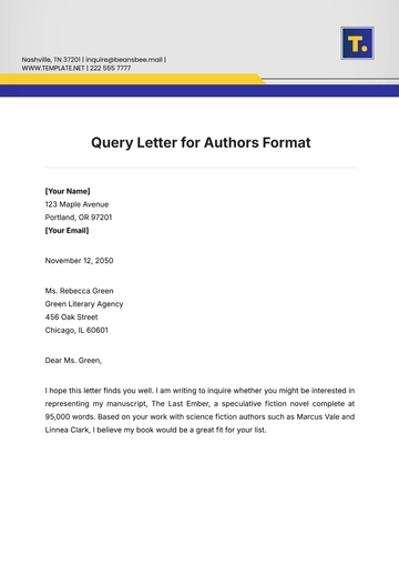Free Query Letter for Authors Format Template to Edit Online