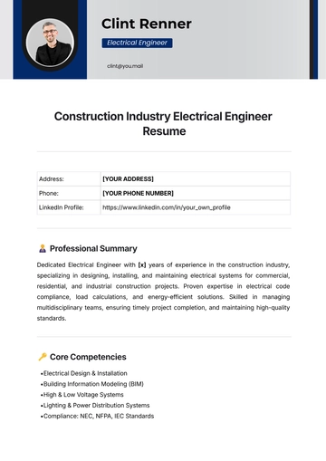 Free Construction Industry Electrical Engineer Resume Template to Edit Online