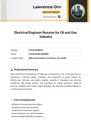 Free Electrical Engineer Resume for Oil and Gas Industry Template to Edit Online
