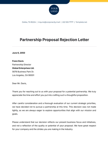 Free Partnership Proposal Rejection Letter Template to Edit Online
