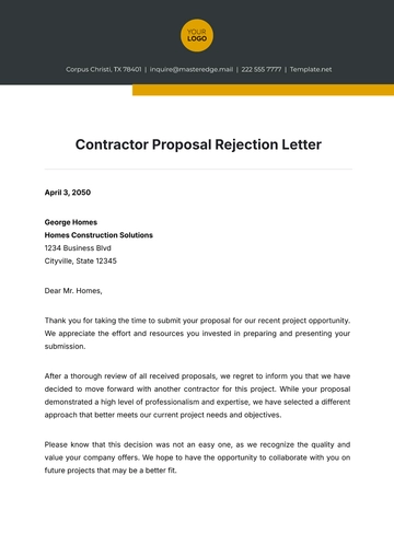 Free Contractor Proposal Rejection Letter Template to Edit Online