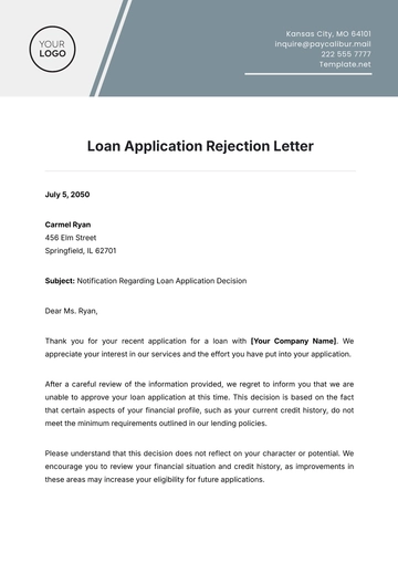 Free Loan Application Rejection Letter Template to Edit Online