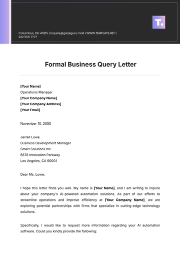 Free Formal Business Query Letter Template to Edit Online