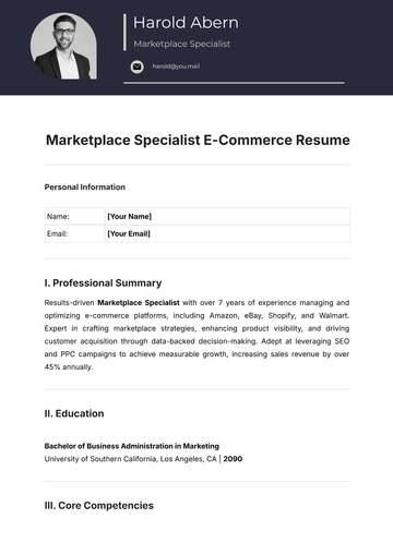 Free Marketplace Specialist E-Commerce Resume Template to Edit Online