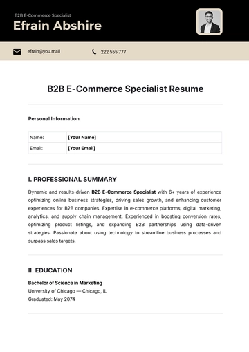 Free B2B E-Commerce Specialist Resume Template to Edit Online
