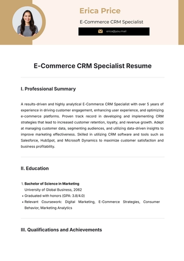 Free E-Commerce CRM Specialist Resume Template to Edit Online
